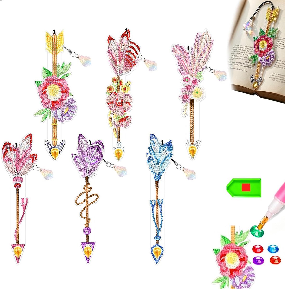 Feather-vormige Diamant Schilderij Boekenleggers, Kristallen Pendant en Gereedschapsdoos, Perfect voor Creatieve Hobby's en Cadeaus, Inclusief 6 Stuks