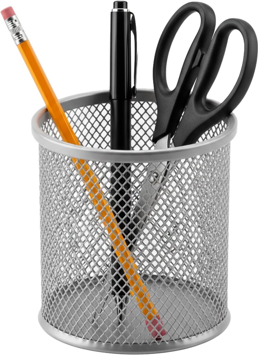 SnelShoppen - Ronde Metalen Potloodhouder - Zilveren Organizer - 9,5 cm Hoog - 8,2 cm Diameter - Ideaal voor Bureau, School, Kantoor en Creatieve Proj