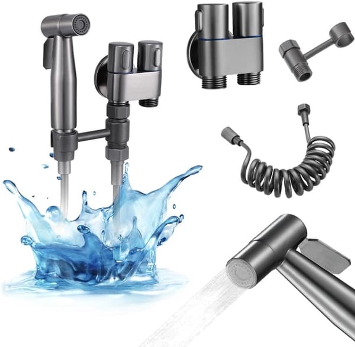 Handdouche voor toiletten, spoelslangen, islamitische douchekoppen, bidet met dubbele ventielen.