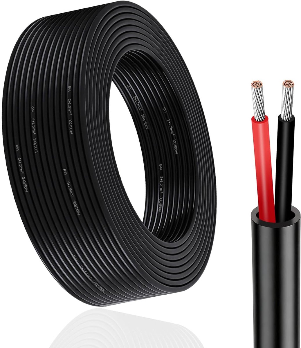 SnelShoppen - 2 Draad Rond Kabel 2 x 1.5 mm², 5 m Rood/Zwart Elektrische Kabel, 12V/24V Verzinkt Koper Draad voor Aansluiten Trailer Achterlichten, Au