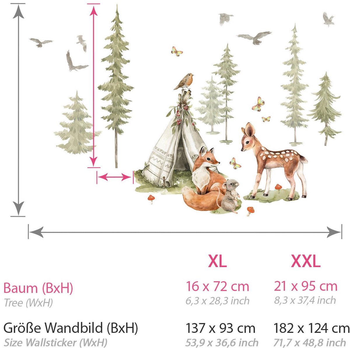 SnelShoppen - Muursticker Bosdieren Kinderkamer Set Bomen en Dieren Muurstickers Hert Vos voor Baby- en Slaapkamer Decoratie