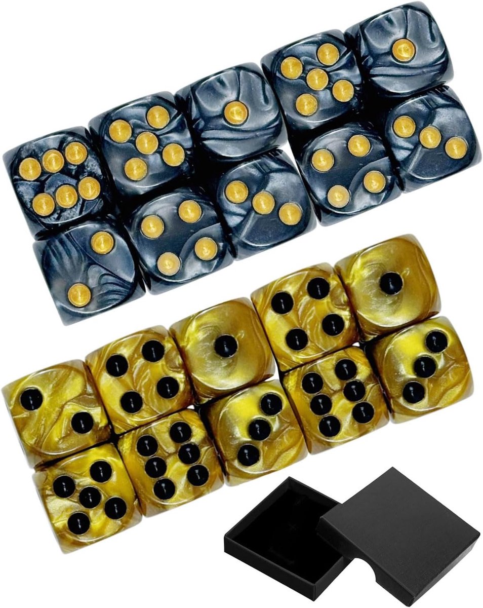 20 Stuks Parelmoer D6 Dobbelstenen 16mm, Luxe Acryl Dice Set voor Tabletop Games en Rollenspellen (Zwart/Goud)