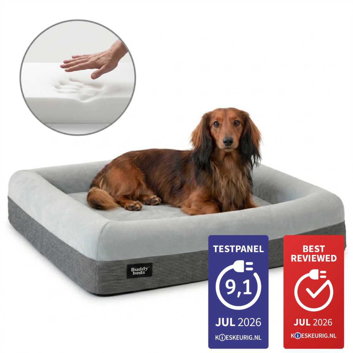 Buddy Beds Orthopedische Hondenmand Small - Orthopedisch Hondenkussen - Hondenbed – Hondensofa – Hondenbank – Grijs – Small (L73 x B58 x H15)