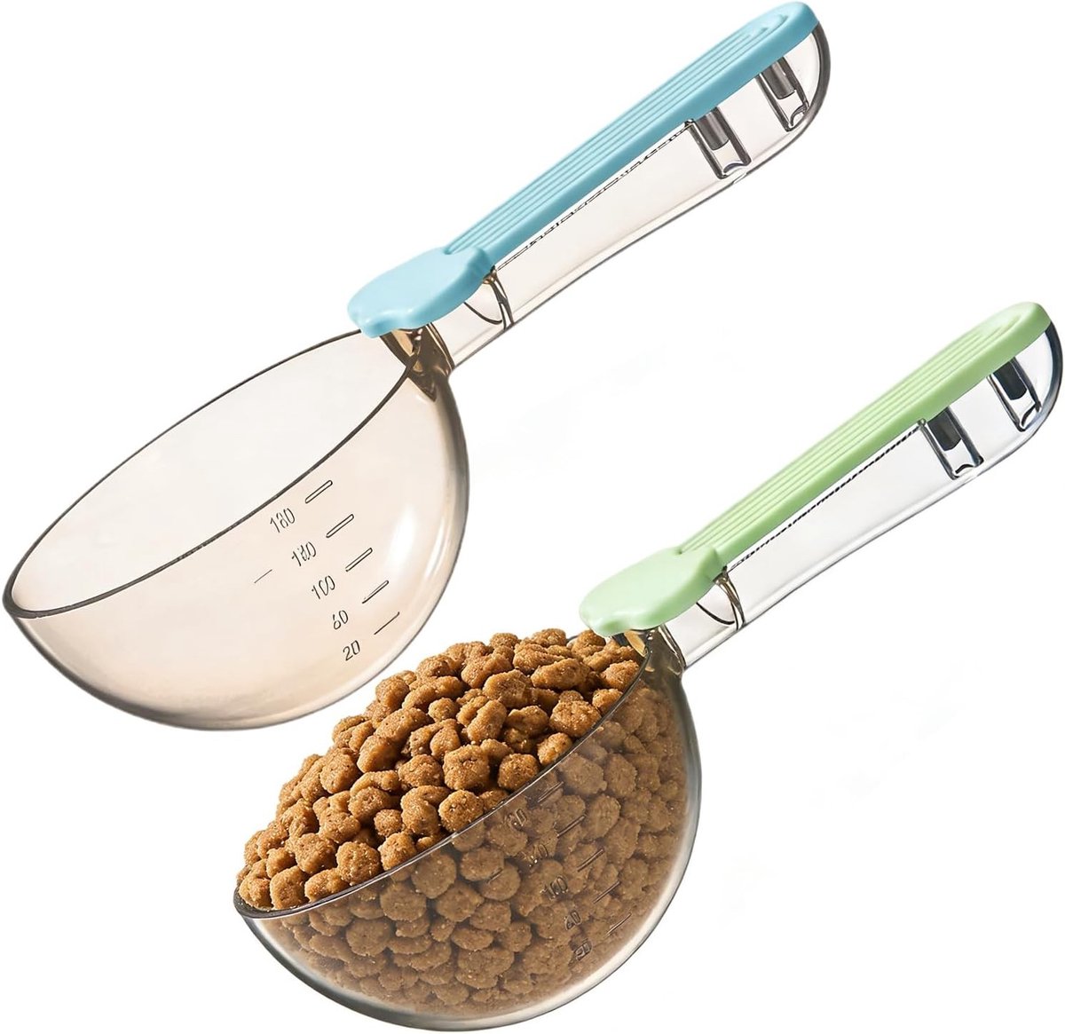 Honden- en Kattenvoederlepel met Clip - Precieze Maatbeker voor Voeding, Rijst en Granen - Set van 2 Stuks in Blauw en Groen