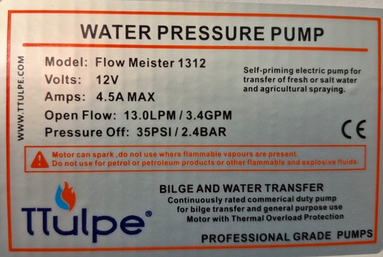 TTulpe Flow Meister 1312 automatische drukwaterpomp, 12 Volt, 2.4 bar, 13 lpm. — afbeelding 4