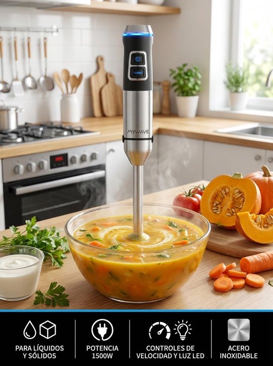 SnelShoppen - XXL Mixer 1500 W met Extra Lange Voet 22 cm, Turbo-Functie, LED-Lichtbediening, Variabele Snelheid, Roestvrij Staal, Perfect voor Keuken — afbeelding 2