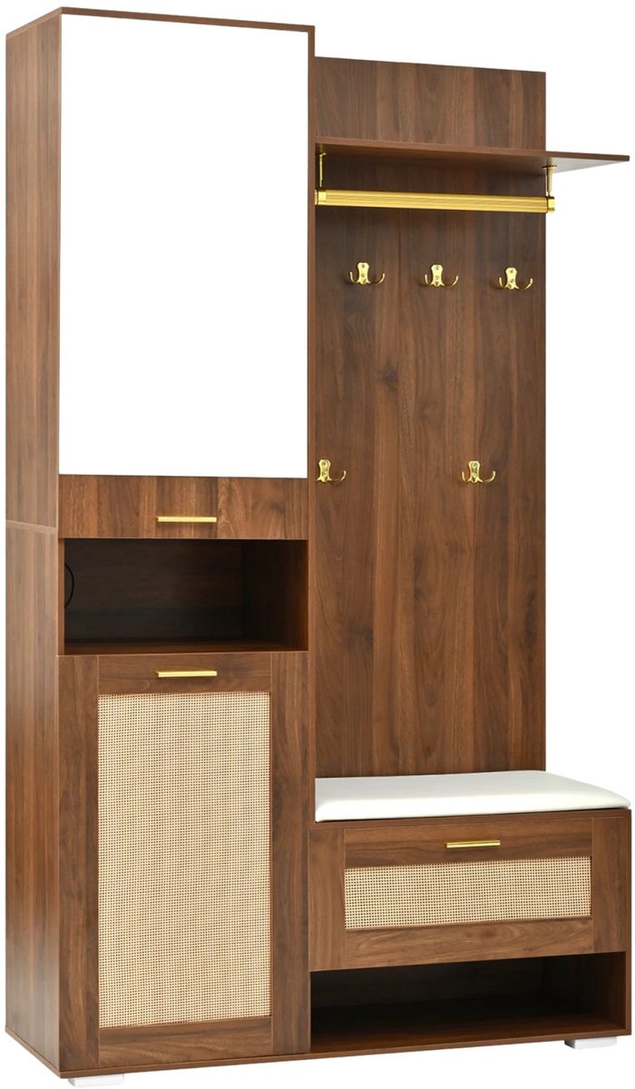 Happiq Wardrobe Set - Garderobeset met Spiegel, Kapstokhaken, Schoenenkast - Modern Design met LED Verlichting 16 Kleuren, Donker Hout Bruin
