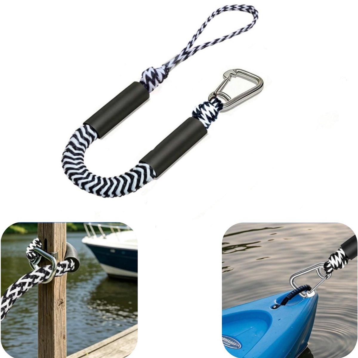 Elastisch touw - Kajaktouw - Aanlegtouw - Kano-bindtouw - Waterscootertouw - Polyester touw - Trekkoord - Rekbaar - Makkelijk niet te breken - Hoge trekkracht - Met gesp - Bootaccessoires - Geschikt voor zeilboten, kajaks, kano's (zwart, 120 cm)