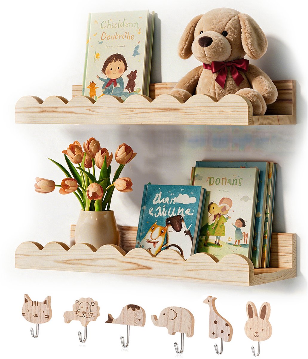 Zwevende Wandplank 2 stuks met 6 dierenhaken - 42 cm - Houten boekenplanken voor kinderkamer - Golvende rand wandplanken - Boekenplanken voor slaapkamer, babykamer en kinderkamer - hout