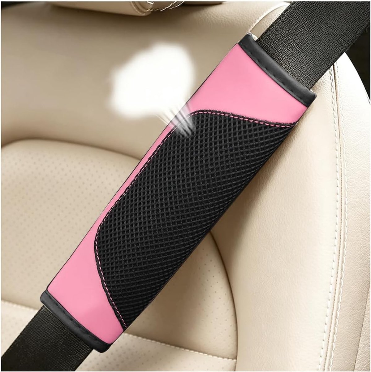 Autogordel Schouderkussen - 2 Stuks - Roze - Mesh en Lederlook - Klittenband Sluiting - Universeel voor Auto - SUV en Bestelwagen
