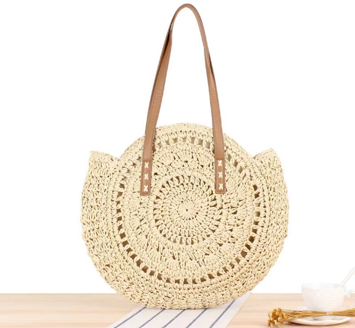 Strandtas - Stro Tas - Strandtas Dames - Holle Kwastje - Ronde Handtas - Strand Handtas met Rits - Gevoerde Strandtas van Stro voor Zomer en Vakantie