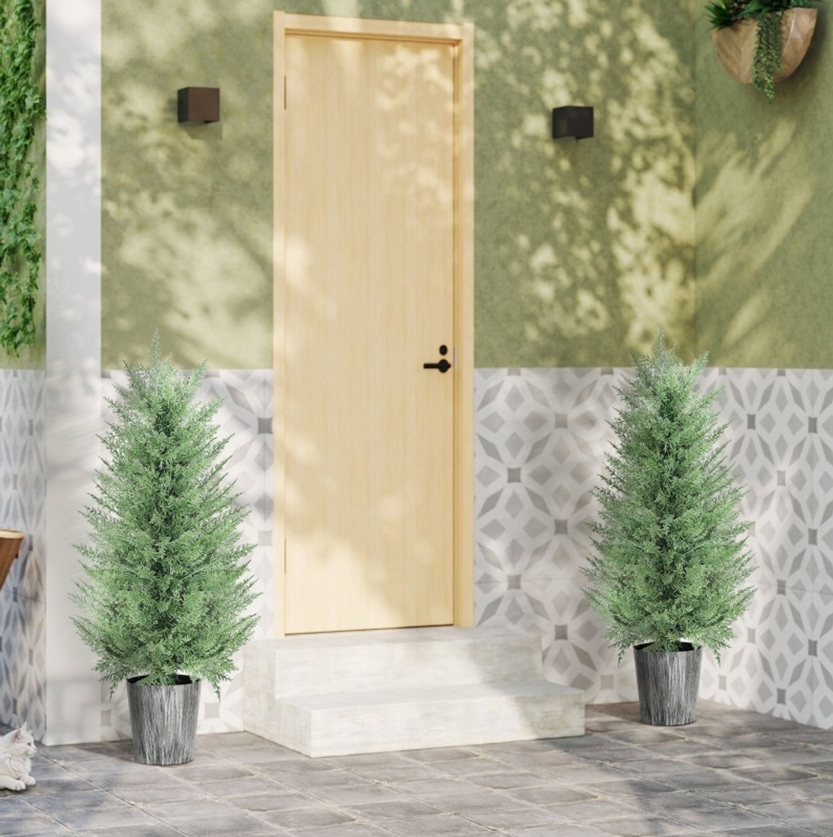 REDOM - Kunstplant - 2-delige set kunstmatige cipres in pot - UV-bestendig - kunststof - voor binnen & buiten - Groen - 90 cm