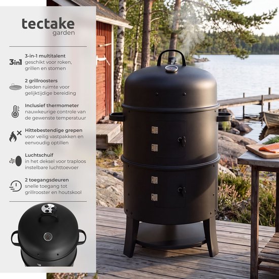 tectake® 3-in-1 Rookoven - Ø 41 cm - Rookvat met 2 Grillroosters, Thermometer en Luchtafvoer - Houtskool Barbecue - BBQ Grill - Grilloven - Smoker - Grillen, Garen en Roken van TecTake — afbeelding 2