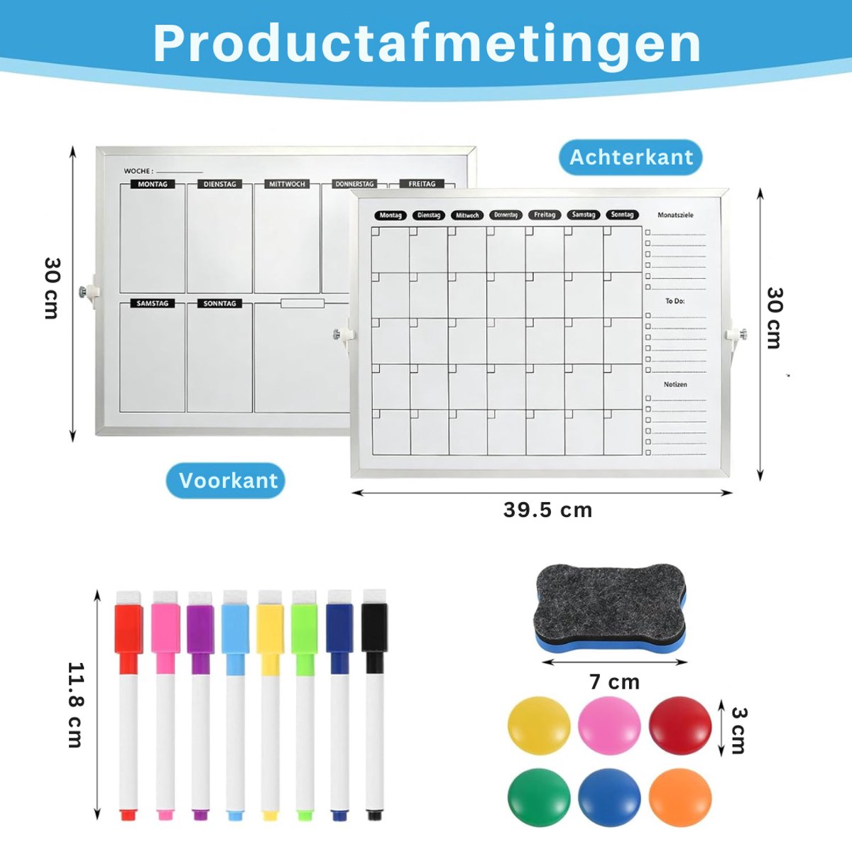 SNJY® Maandplanner Magnetisch - Weekplanner Whiteboard - Familieplanner - Gezinsplanner - 2-in-1 - Duits - 40x30 cm - Wit