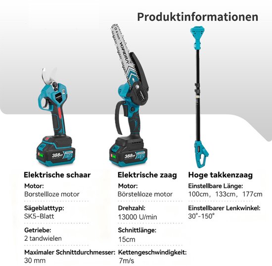 Yofidra Telescopische Kettingzaag + Snoeischaar - Elektrisch Handkettingzaag - met 2 x 3.0Ah Accu's - voor het Baum- und Heckenschneiden van Yofidra — afbeelding 3
