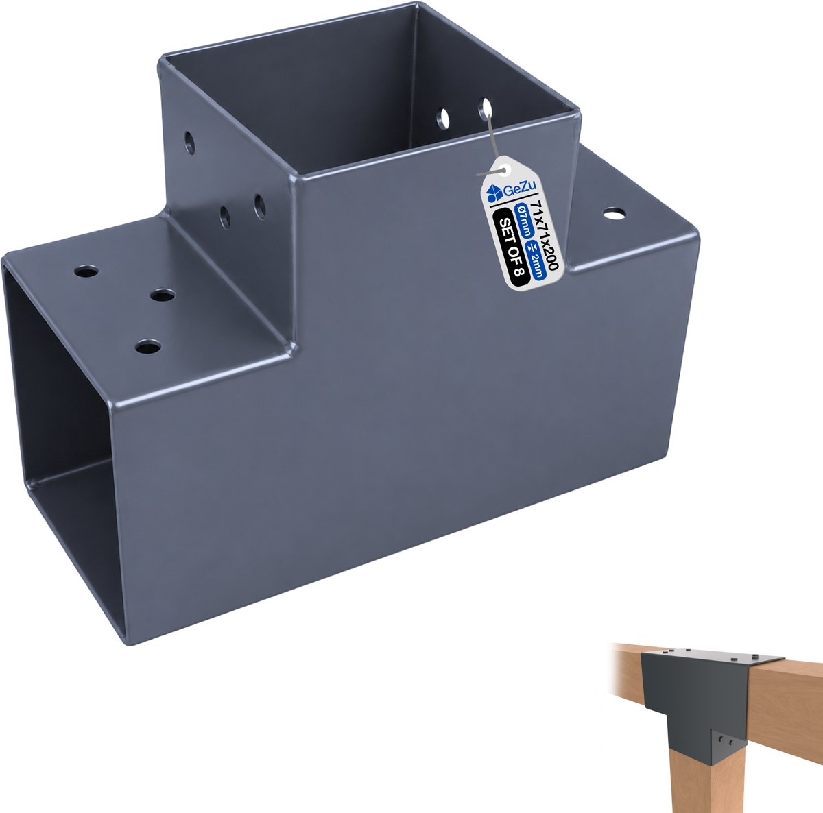 GeZu Impex Paalverbinder T 71x71 mm Set van 8 Antraciet Poedergecoat Pergola Hoekverbinding T-Vorm 3-Balk Paalverbinder Hoekbeugel Paviljoen