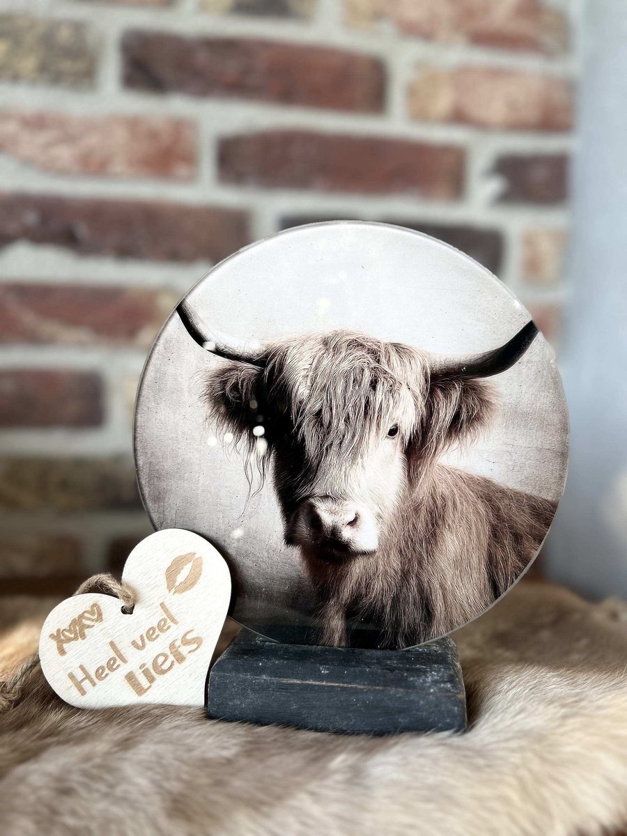 Creaties van hier – met houten hartje - Glasplaatje Brocante Hooglander - Glasplaatje doorsnede 18 cm - Inclusief houder