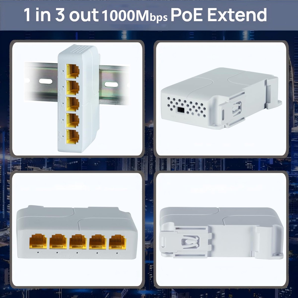 SnelShoppen - 5 Poort Gigabit PoE Extender 1 in 4 Uit, 90W In 30/60W Uit PoE Repeater, 10/100/1000Mbps, Vlan, Tot 250m, Din-Rail & Wandmontage, Plug &