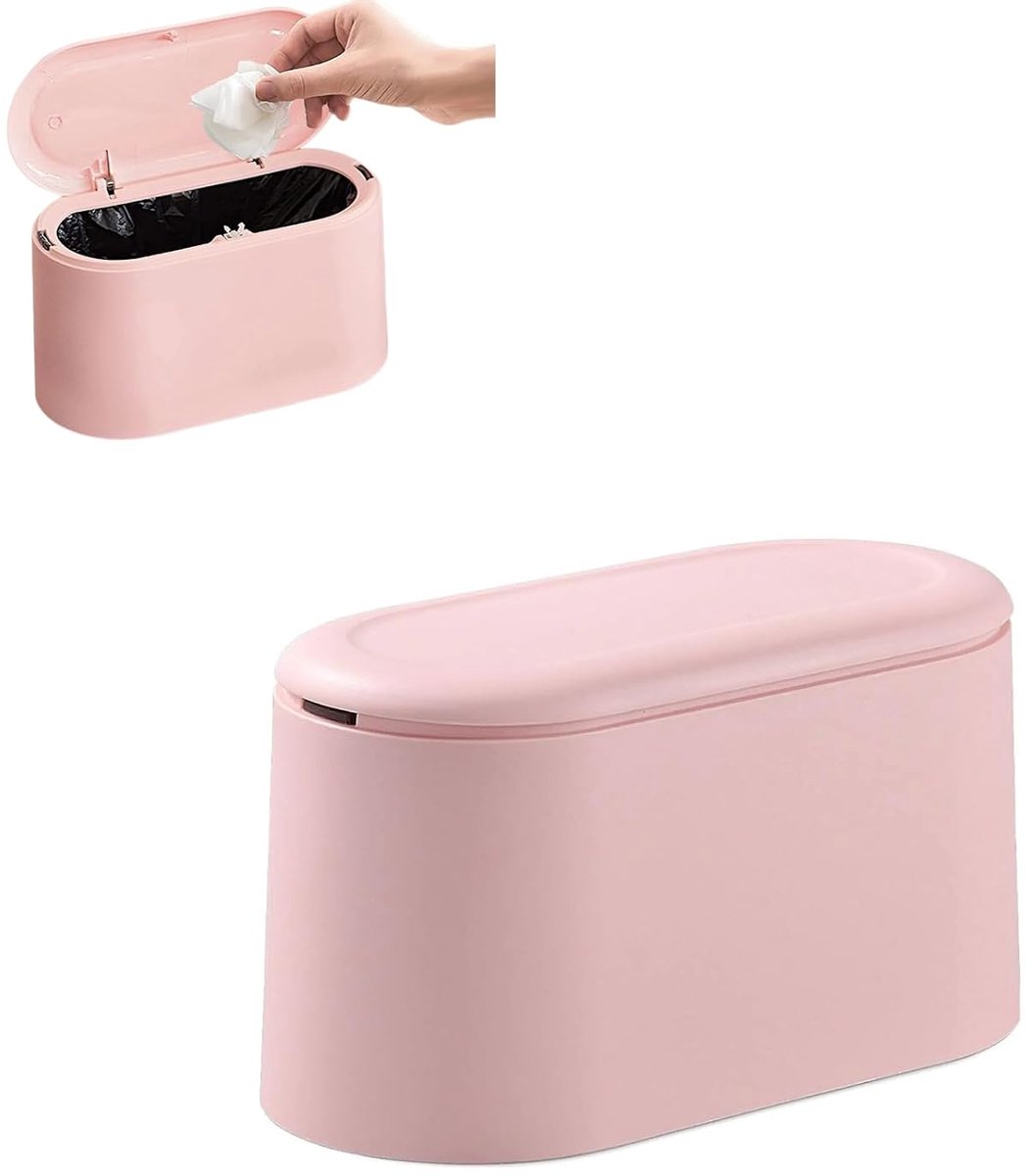 KZQ Mini Afvalbakje Met Deksel En Veer 1,75L Roze 22x10x13 Cm Voor Badkamer Bureau Keuken En Kantoor