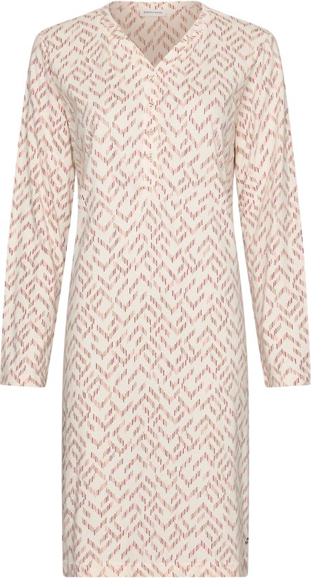 Ecru nachthemd met lange mouwen en een grafisch patroon van roze en beige streepjes.