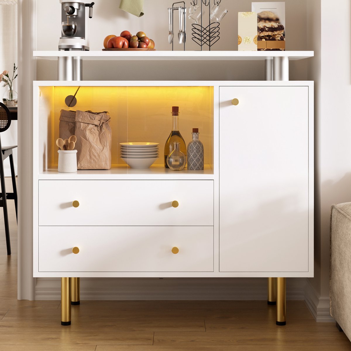 Sweiko Dressoir - Halmeubel - LED-verlichting - Glazen schuifdeuren - 2 lades - Metalen poten - 80 × 35 × 80 cm - Wit