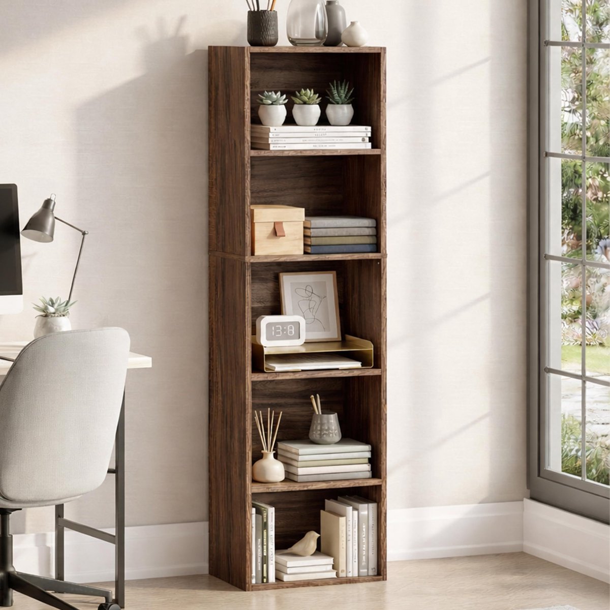 Boekenkast - 5 Niveaus - Kubus Opbergrek - Houten Wandkast - Display Kast voor Boeken en Decoratie - Voor Woonkamer, Kantoor en Slaapkamer - Walnootkleur