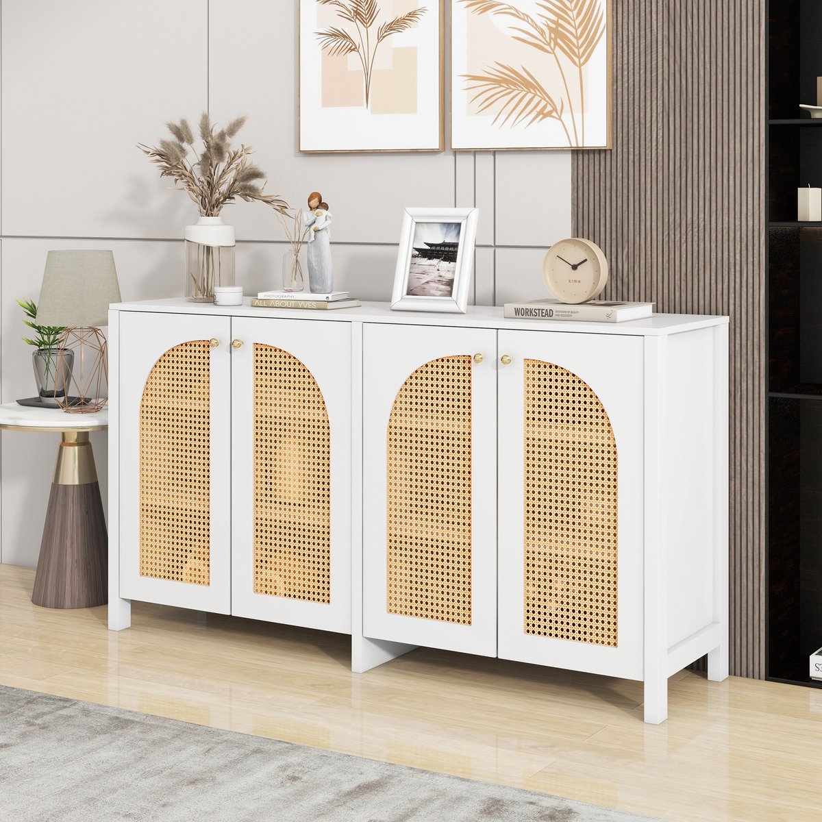 Modern minimalistisch sideboard met 4 rieten deuren - Buffetkast voor eetkamer - Woonkamer - Keuken - Metalen handgrepen - Witte afwerking