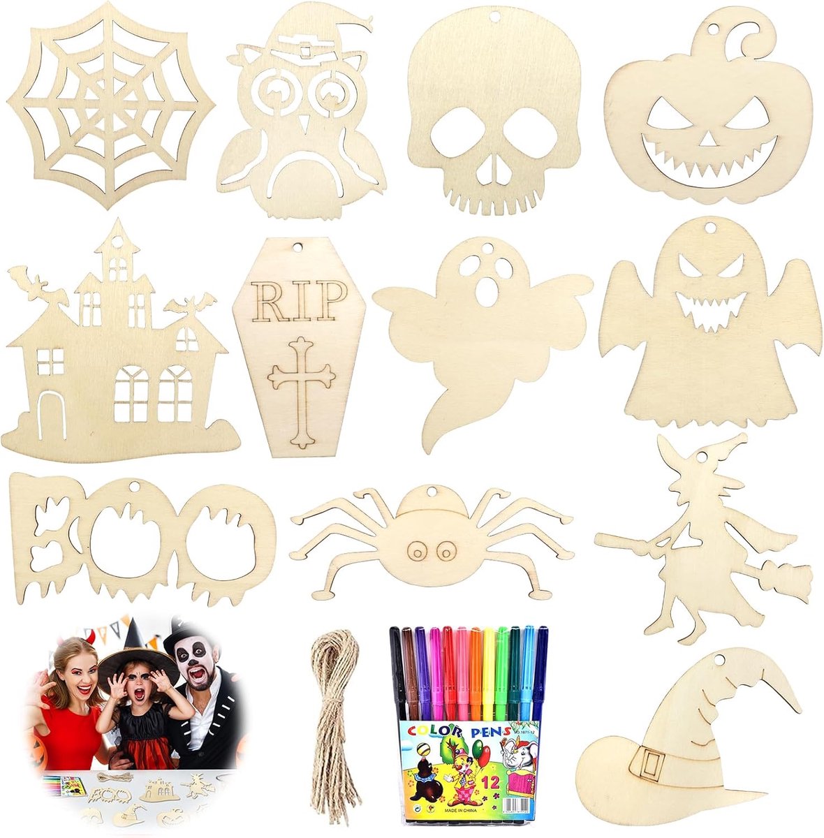 24 stuks Halloween knutselset voor kinderen, houten pompoen, knutselset, herfst, Halloween, hout, knutselset, spook, pompoen om te beschilderen, onbehandelde houten hanger met binddraad en