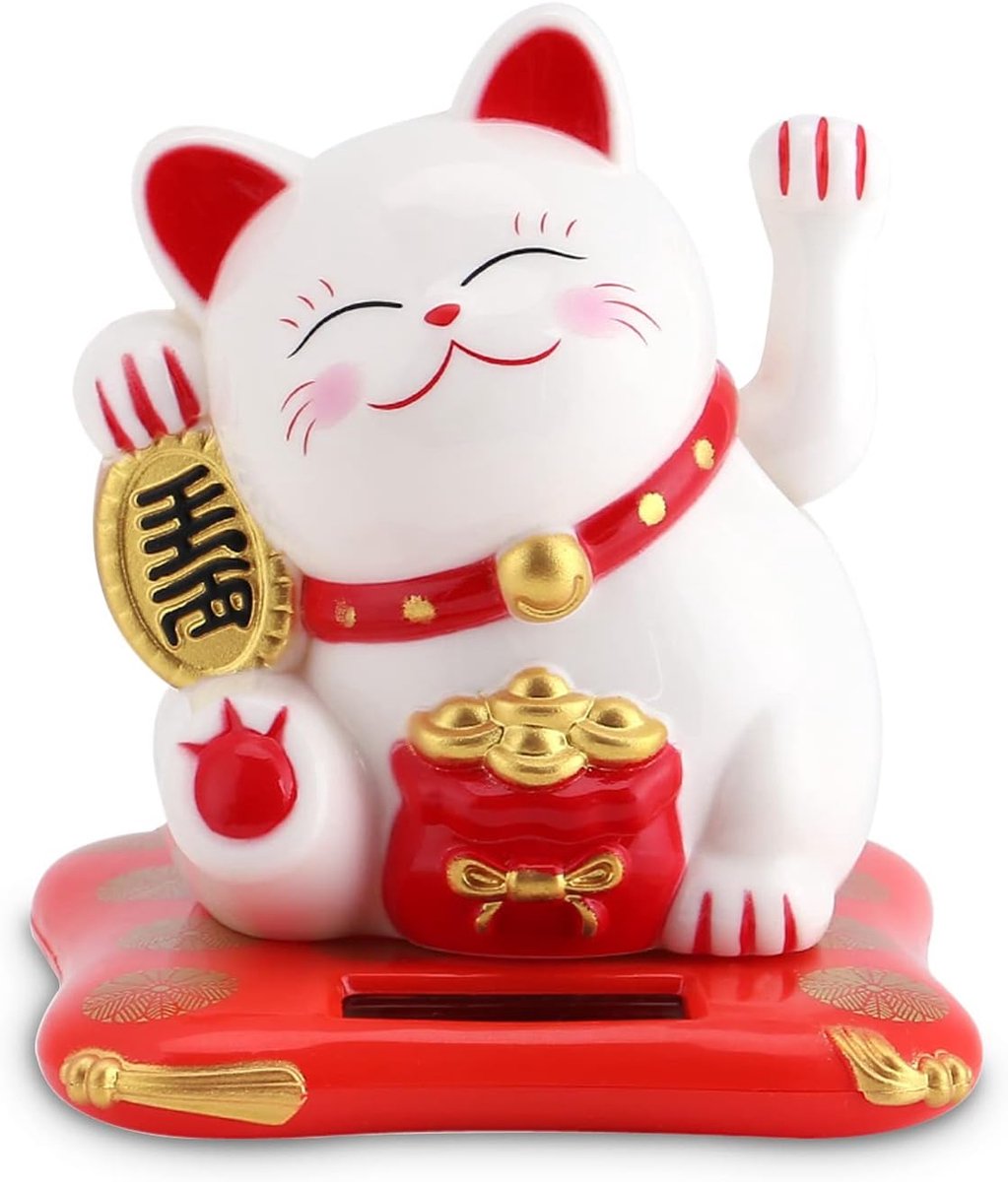 Cat, Mini Maneki Neko Japanse Kat Standbeeld met Zwaaiende Arm Zonne-energie voor Thuis Auto Dashboard Decor(Wit)