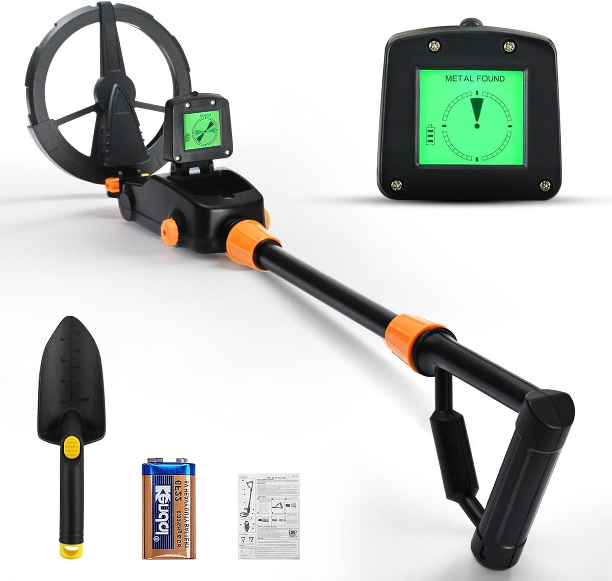 Metaaldetector voor kinderen, IP68 waterdichte en lichte metaaldetector met LCD- en geluidsweergave, zeer gevoelige metaaldetector voor kinderen met schep voor schatzoeken (Zwart)