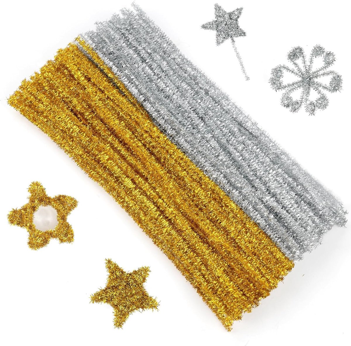 pijpenragers voor knutselen, goud & zilveren, 30cm, 200 stuks | inclusief glitterdraad, chenilledraad, buigpluche, voor knutselen en doe-het-zelf