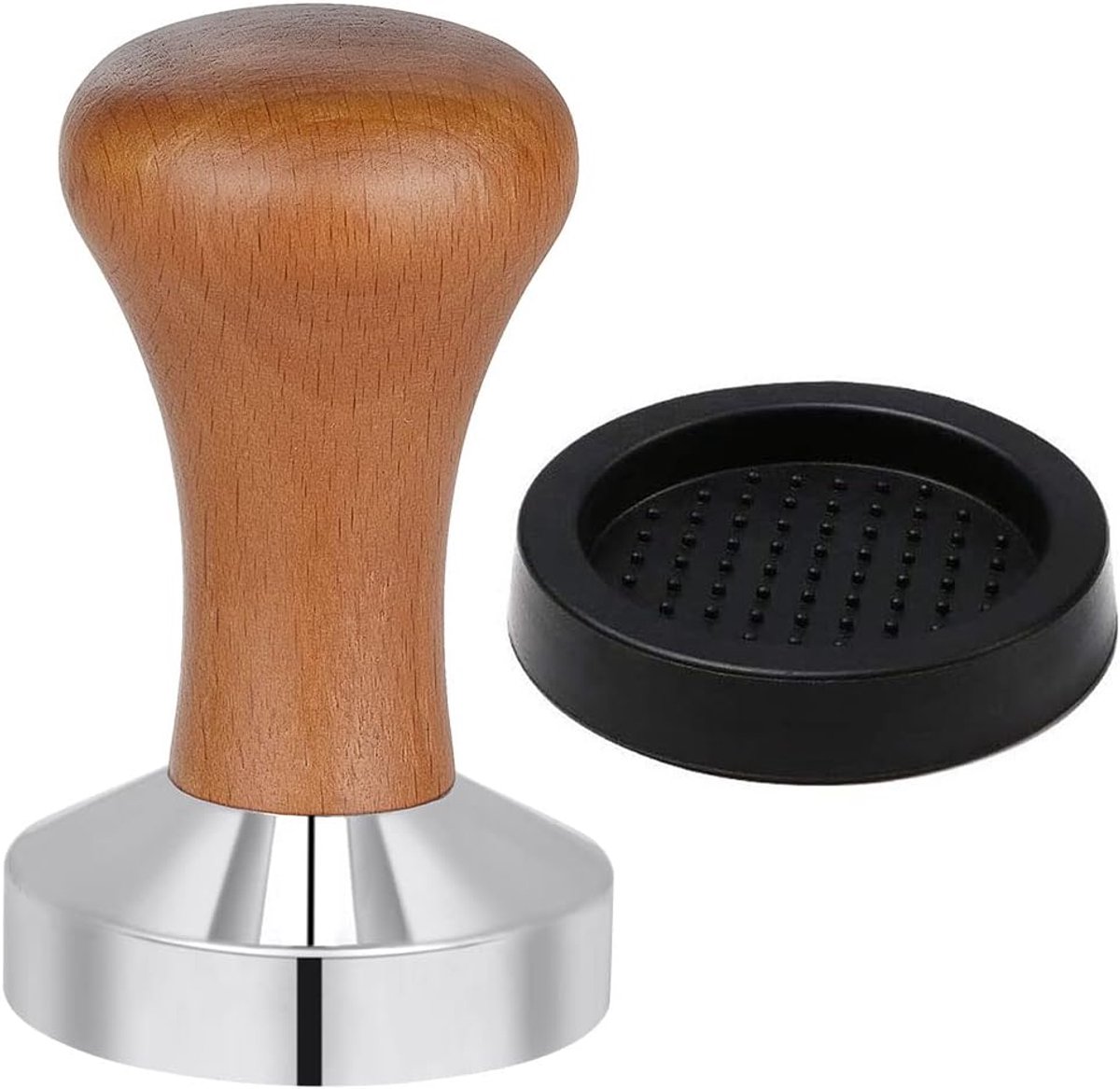 Koffietamper, Koffie-tamper 51 mm met houten handvat en siliconen mat 60 mm, koffiestempel roestvrij staal, espresso tamper, Solid Heavy, Barista Style