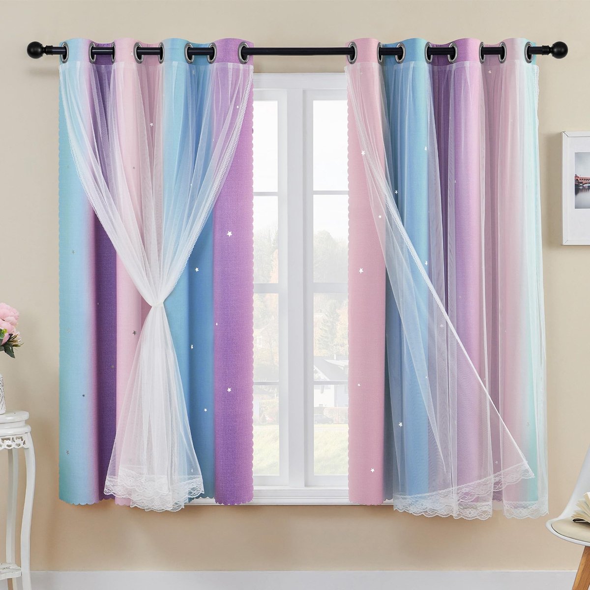Omgoods - Blackout Gordijnen voor Slaapkamer, Dubbele Laag 157 x 160 cm met Sterren Design