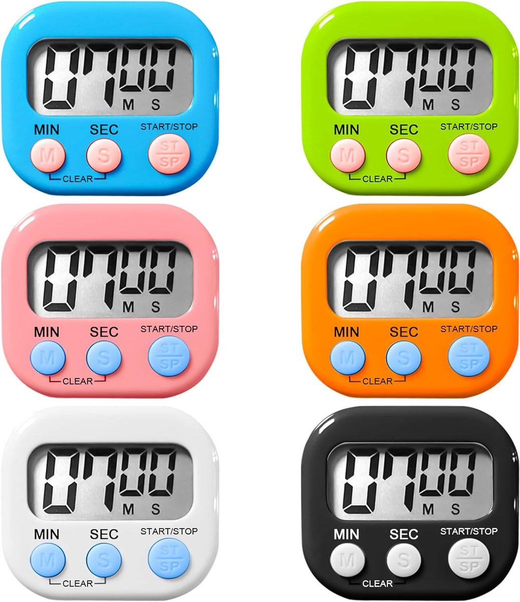 6 stuks digitale keukentimer, eierwekker, digitale magnetische stopwatch, keukentimer, luid alarm, afteltimer, keuken met lcd-standaard voor koken, bakken, scholieren, kinderen, sport, klaslokaal,