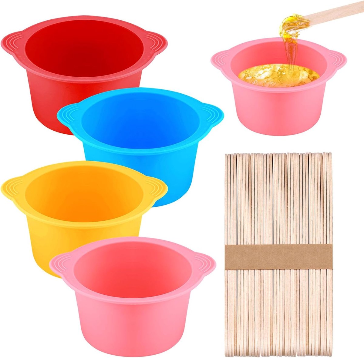 4 stuks anti-aanbaklaag siliconen wax warmer voering met 50 stuks herbruikbare sticks, 14 oz/400 ml siliconen wax pot liner kom vervanging voor ontharing (blauw, roze, rood, geel)