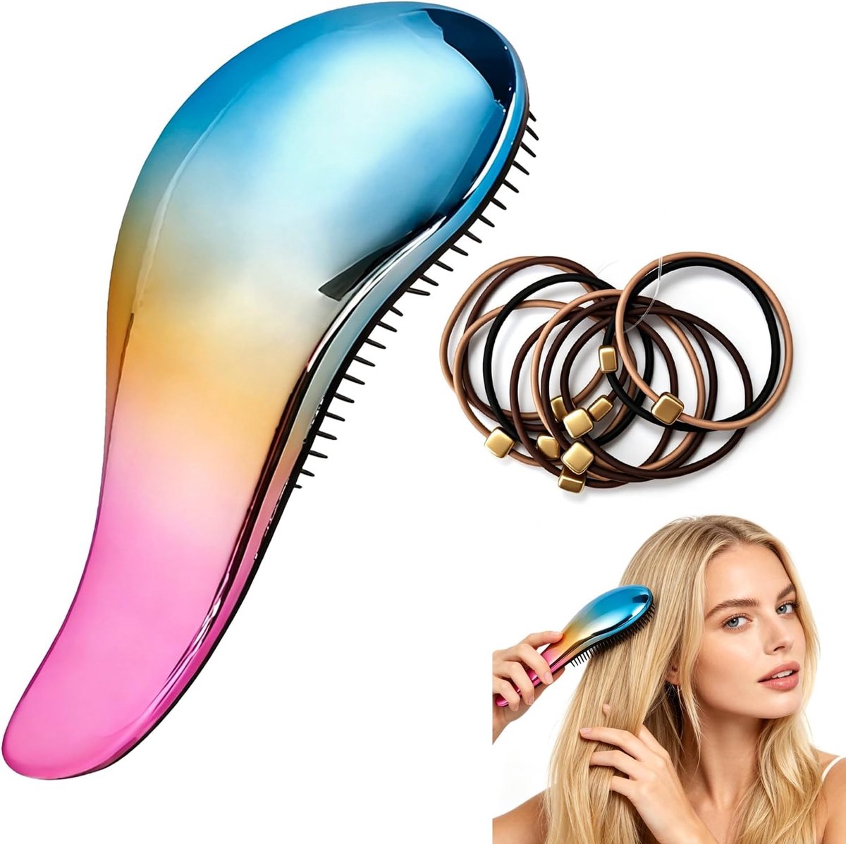 ontwarringsborstel voor alle haartypes, ideaal voor krullend, dik, glad, fijn en afro-haar, ergonomisch, licht en met 8 kleurrijke haarelastiekjes voor het hele gezin