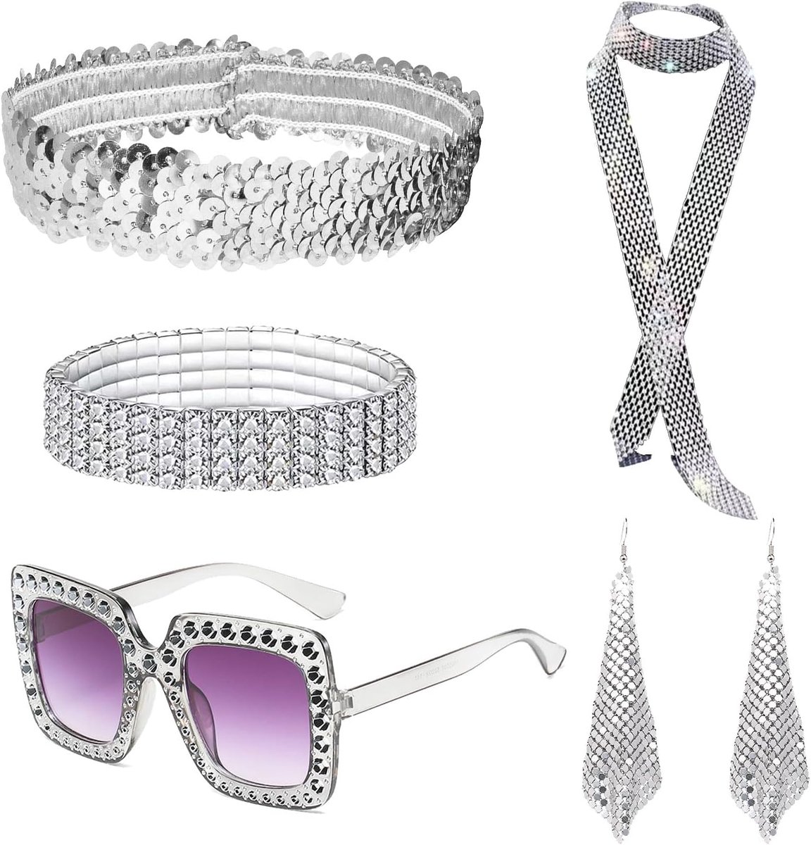Accessoires uit de jaren 70, discokostuumset, pailletten, sjaal, oorbellen, hick frame, zonnebril, armband en hoofdband, dame voor jaren 70/80 disco retro cosplay kostuums outfits