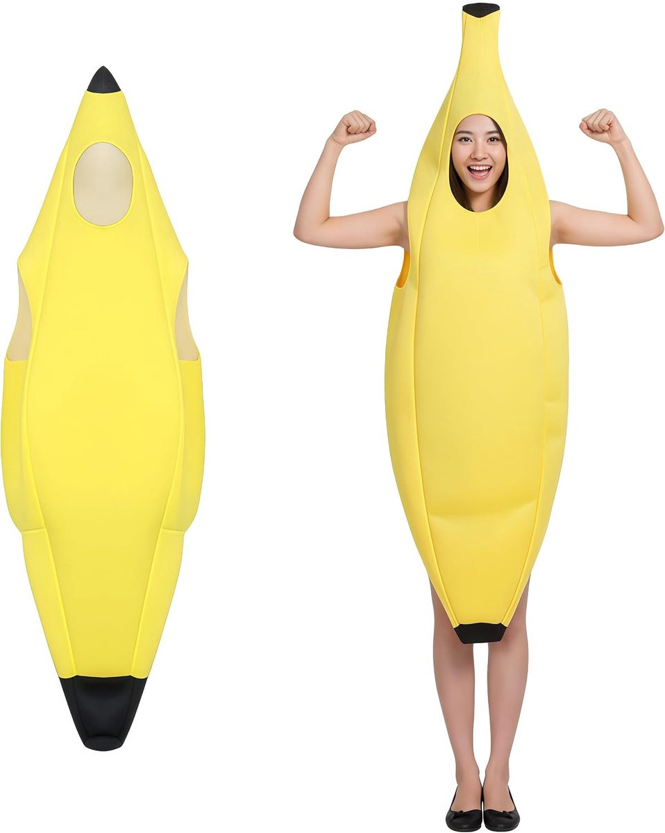 Bananenkostuum voor volwassenen, lichtgewicht en comfortabel bananenkostuum, leuke bananenverkleedoutfit voor Halloween, feesten, carnaval, Kerstmis, perfect voor leuke thema-cosplay.