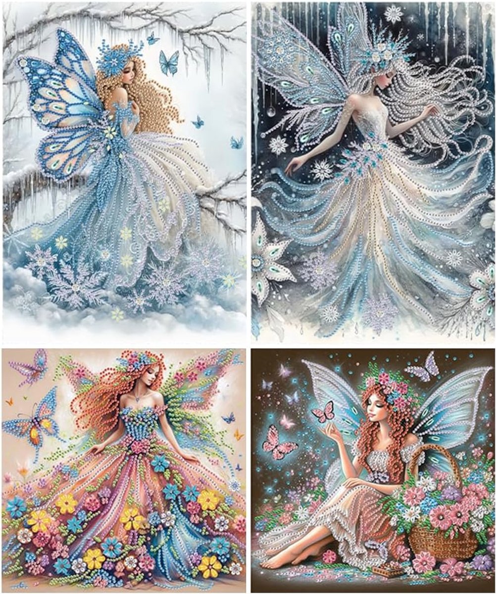 4 stuks 5D DIY diamantschilderset vlinderfee 30 x 30 cm DIY speciaal gevormd partial drill diamond painting strass borduurwerk kruissteek kunst handwerk diamant engel elf fee