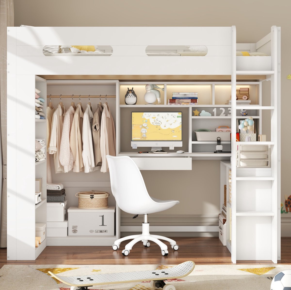 Hoogslaper 90x200cm Zonder Matras Met Bureau Kleiderschrank Lade LED Verlichting USB Aansluiting Opbergruimte Wit
