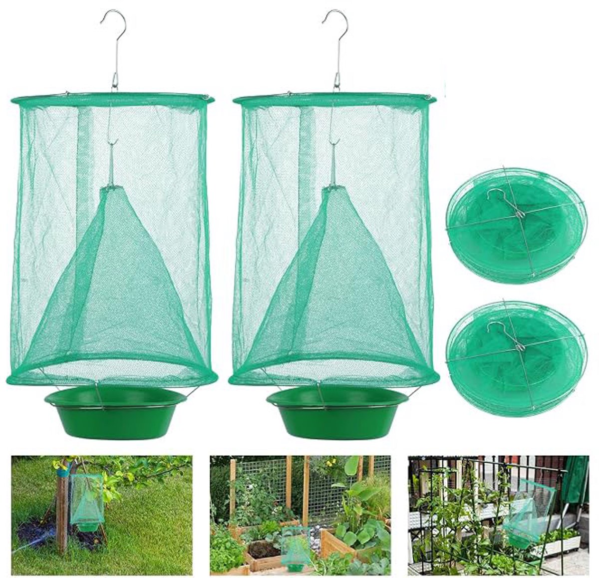 2-stuks Hangende vliegenvallen - Vliegenvallen - Vliegenkooien - Ronde bassins - Vliegenlokkers - 13x23x43cm - Geschikt voor boerderijen, ranches, boomgaarden, huizen en tuinen - Buiten ophangen in de schaduw - Groen