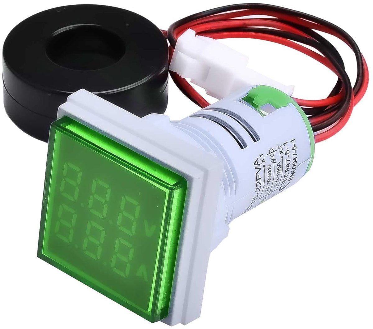 22 mm AC stroomspanningstester, led-indicatielamp, digitaal display, voltmeter, ampèremeter, frequentiemeter, multimeter, paneel, AC 60-500V, 0-100A, 0-99Hz, mini vierkant (groen)