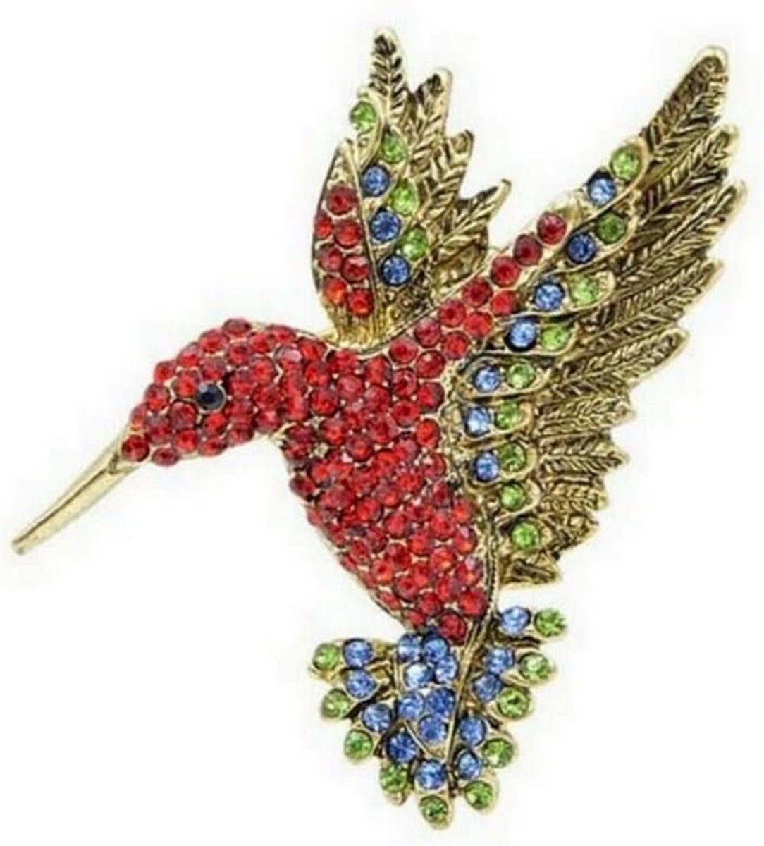 Broche sieraden vogel kolibri strass kristal rood, Roestvrij staal