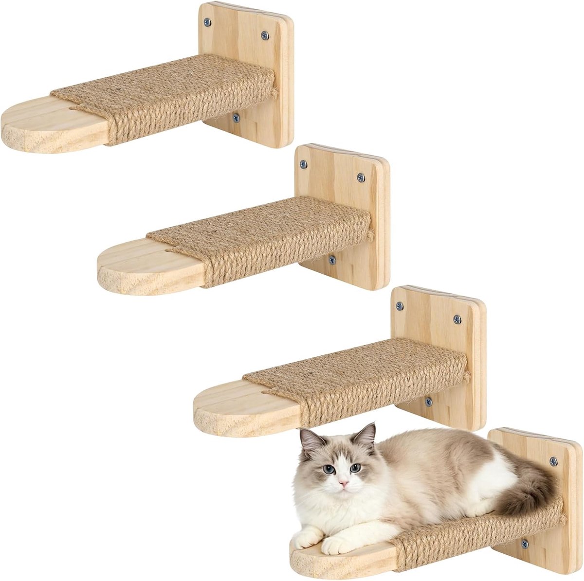 Muur 4-delig, Kattenklimmuur, Wandligbed Klimmuur Katten met jutetouw om te krabben, voor Katten Klimmen Spelen Massief rubberhout, Maximale draagkracht 35kg