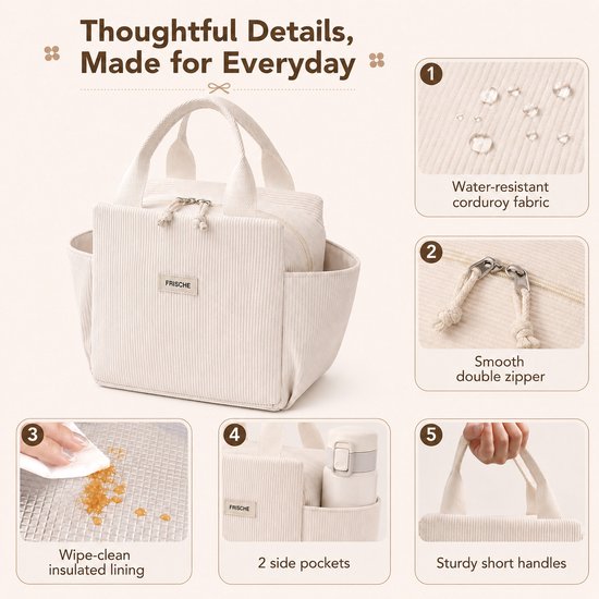Rainbecom - Koeltassen - Lunchtas Koeltas 12L - Geïsoleerde Lunchbag van Corduroy met 2 Zijvakken - Voor Werk, Picknick, Reizen en Dagelijks Gebruik - 26 x 18,5 x 25 cm - Effen Crème van Rainbecom — afbeelding 4