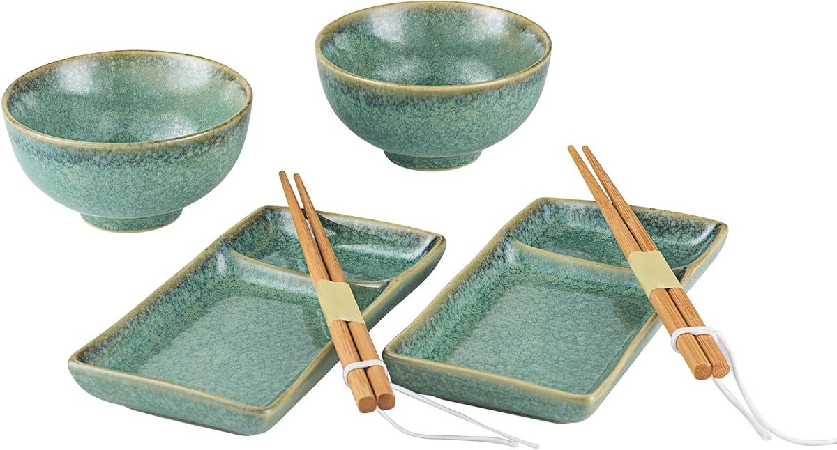 LEAD Sushi Serviesset, Japans servies voor Miso-soep, maki, sushi-rijst, met 2 x sushi-borden, kommen, paar stokjes, glanzend groen