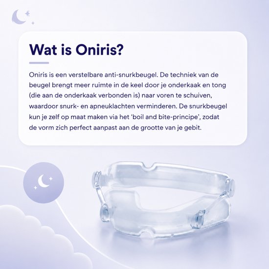 Doorzichtige Oniris anti-snurkbeugel op een lichtblauwe achtergrond met maan- en sterdecoratie.