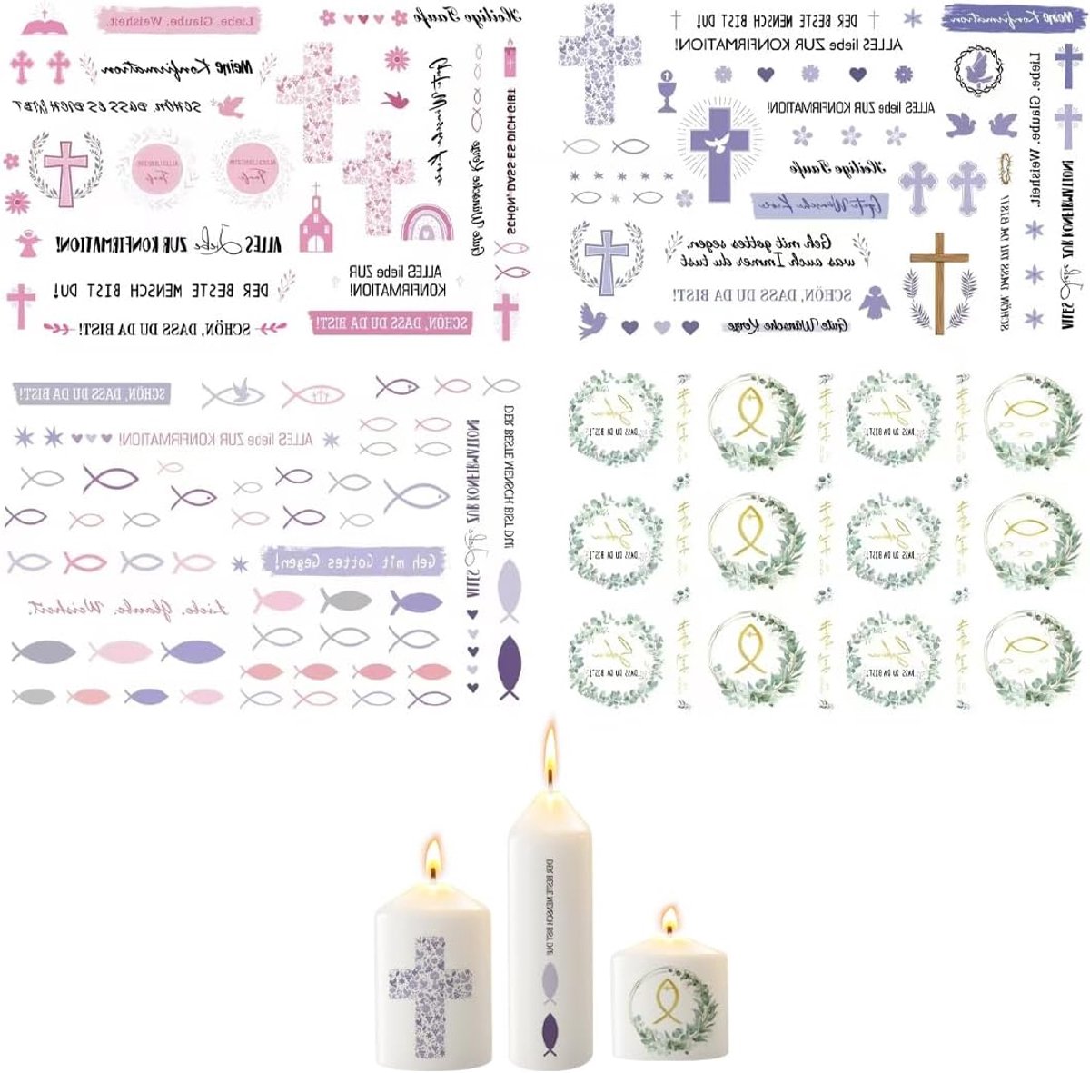 4 vellen kaarsentattoo's, communiedecoratie, kaarsentatoestellen, commu-nion kaarsentoos, voor eerste communie, doop, communie, decoratie
