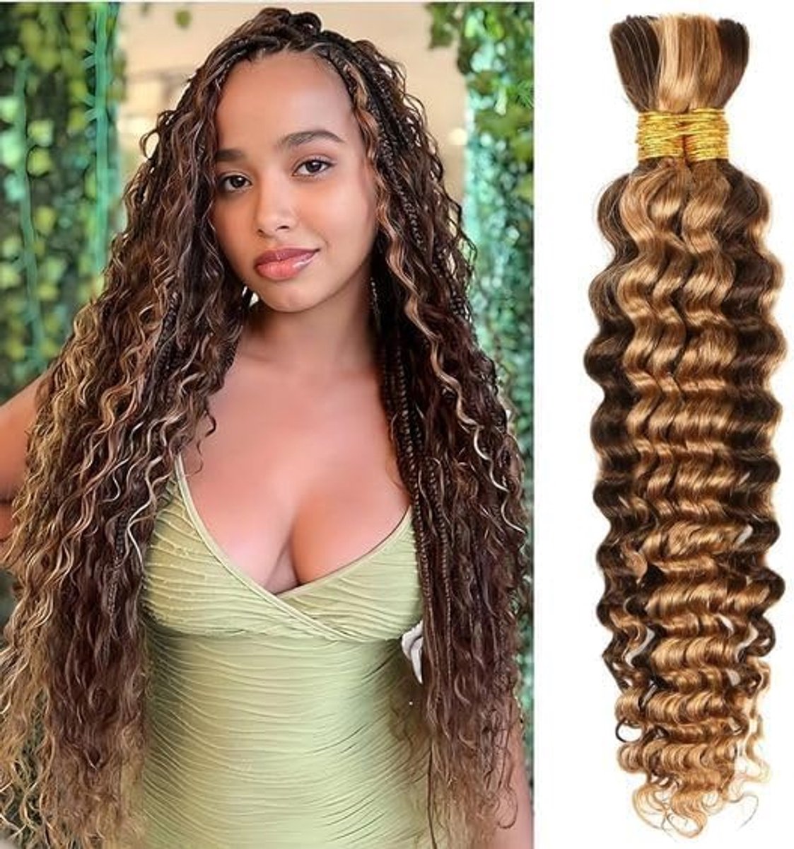 Wave Bulk Human Hair Braiding for Boho Braids Weaving Natural Human Hair Unprocessed No Weft Bresilien Hightlight Ombre 4/27 Curly Bundle Virgin Hair 2 Braids Per Pack 100g 16 Pouces