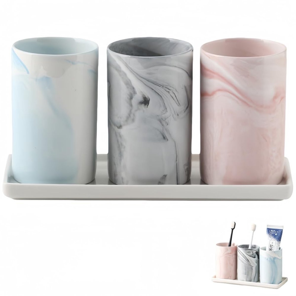 Omgoods - Marmeren Tandenborstelbeker Set met Plank - Roze, Blauw, Grijs